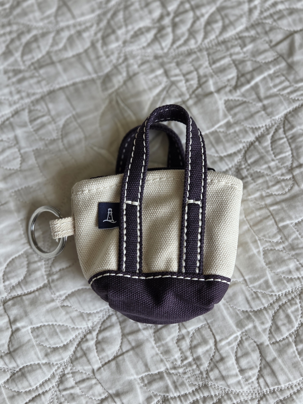 Lands' End Cream and Navy Mini Canvas Tote Keychain
